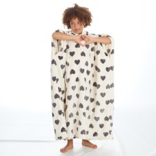 18C832: Girls Heart Print Hooded Plush Fleece Long Line Poncho (One Size - 7-13 Years)
